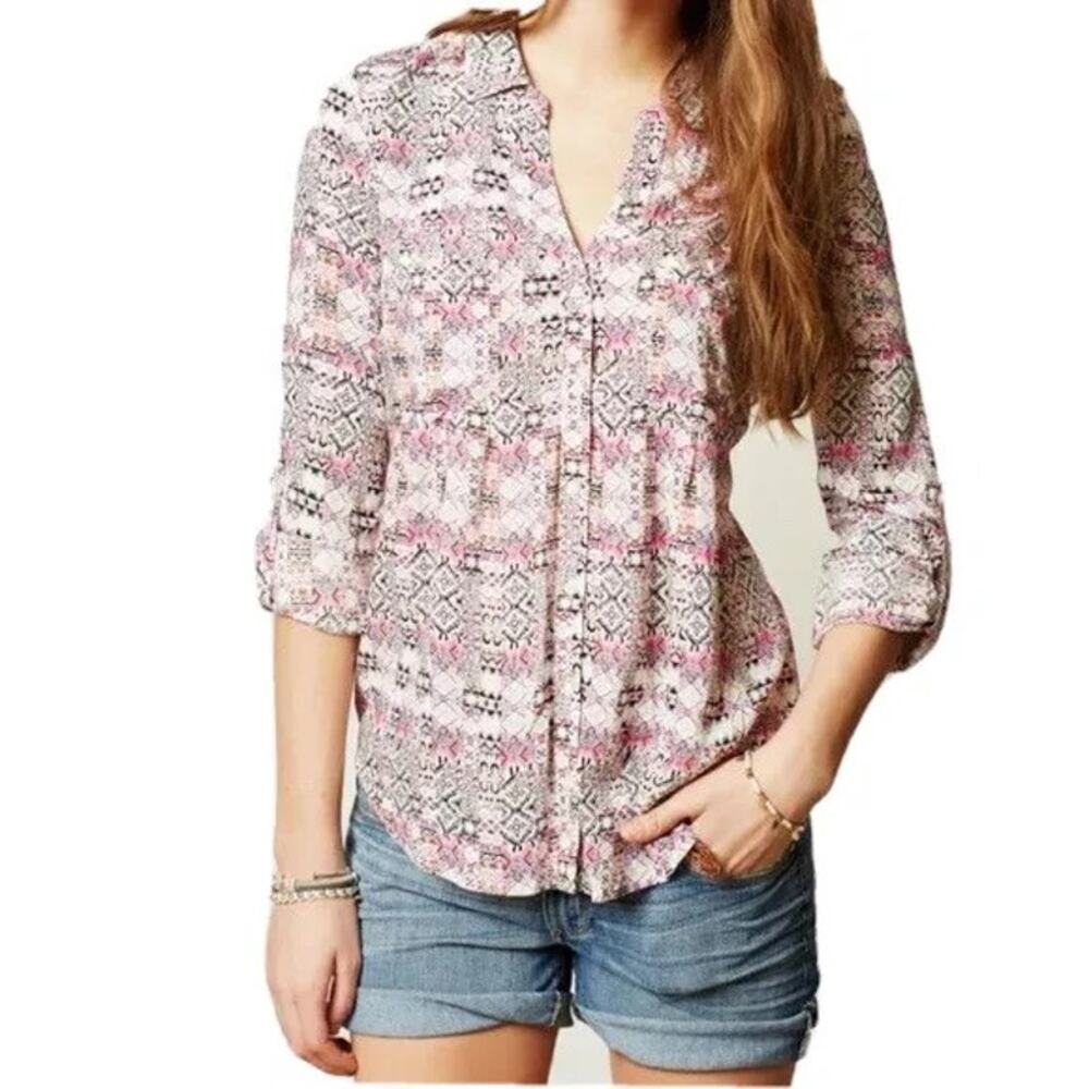 Maeve Islet Roll Tab Sleeve Button Up Blouse